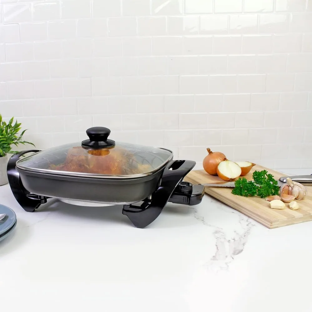 Non-Stick Electric Skillet with Tempered Glass Lid,Black and Grey,Deep-Dish Frying Pan,12"x12" Cooking Surface,One-Pot Cooking 3