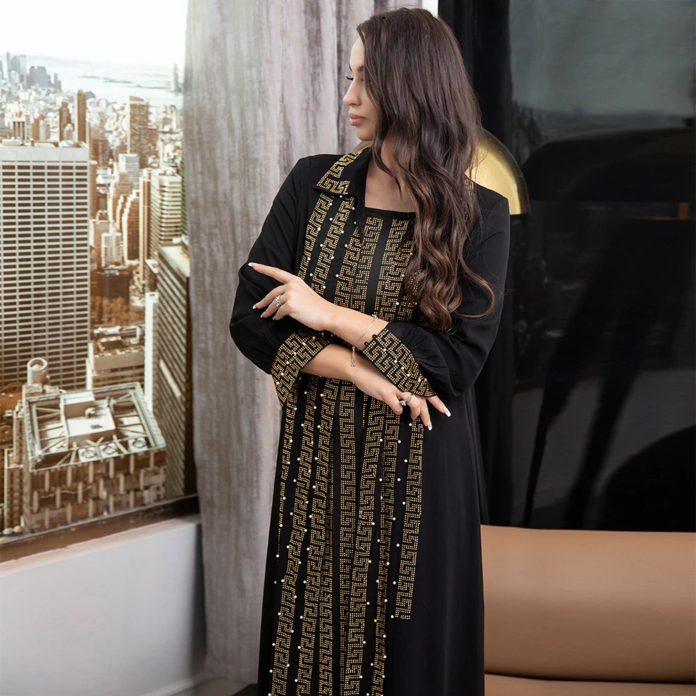 Fridayin Muslim Ramadan Elegant Contrast Color Bead Decorated Long Sleeve Party Women's  Long Skirt and Jacket Two Piece Set