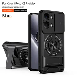 Magnetic Stand Armor Case with Slide Camera Protector and Kickstand for Xiaomi Poco X7 (Black)