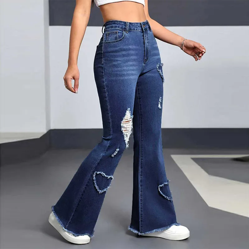 Y2K Blue Stretchy Heart Shaped Flared Jeans High Waist Retro Fashion Trendy Elastic Trousers for Women 2
