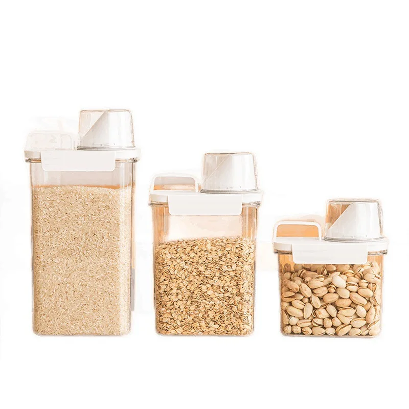 Airtight Food Storage Container Transparent Kitchen Cereal Storage Jars  with Measuring Cup Pouring Spout Cabinet Organizer Box