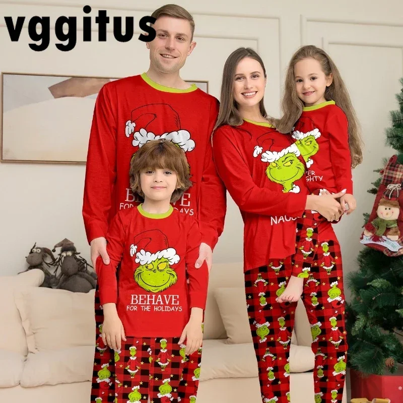 

Christmas Parent-child Home Wear Suit Red Cartoon Print Round Neck Homesuit Long Sleeved Family of Five Pajama Set H043