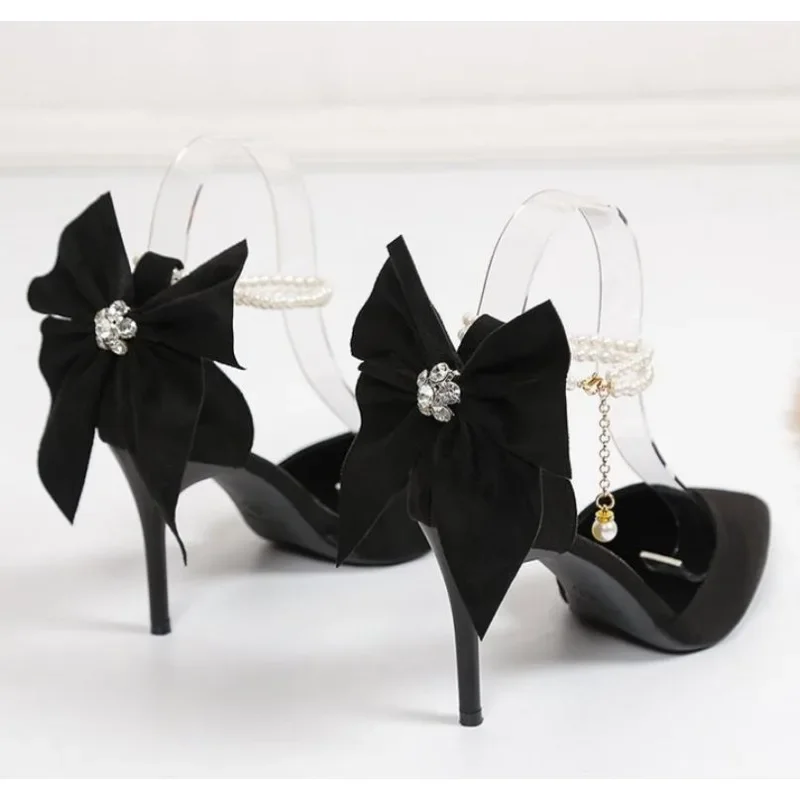 Red Xiuhe Wedding Shoes New Pointy Stiletto High Heels Female Shallow Mouth Bow Pearl One Word Buckle Strap Two Wear Bride Shoes 6