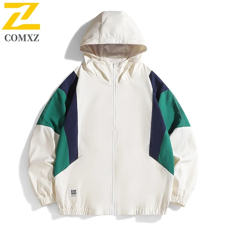 COMXZ Colorblock Windbreaker Couple's Waterproof Windproof Hooded Jacket Outdoor Zipper Coat for Camping Fishing Spring Autumn