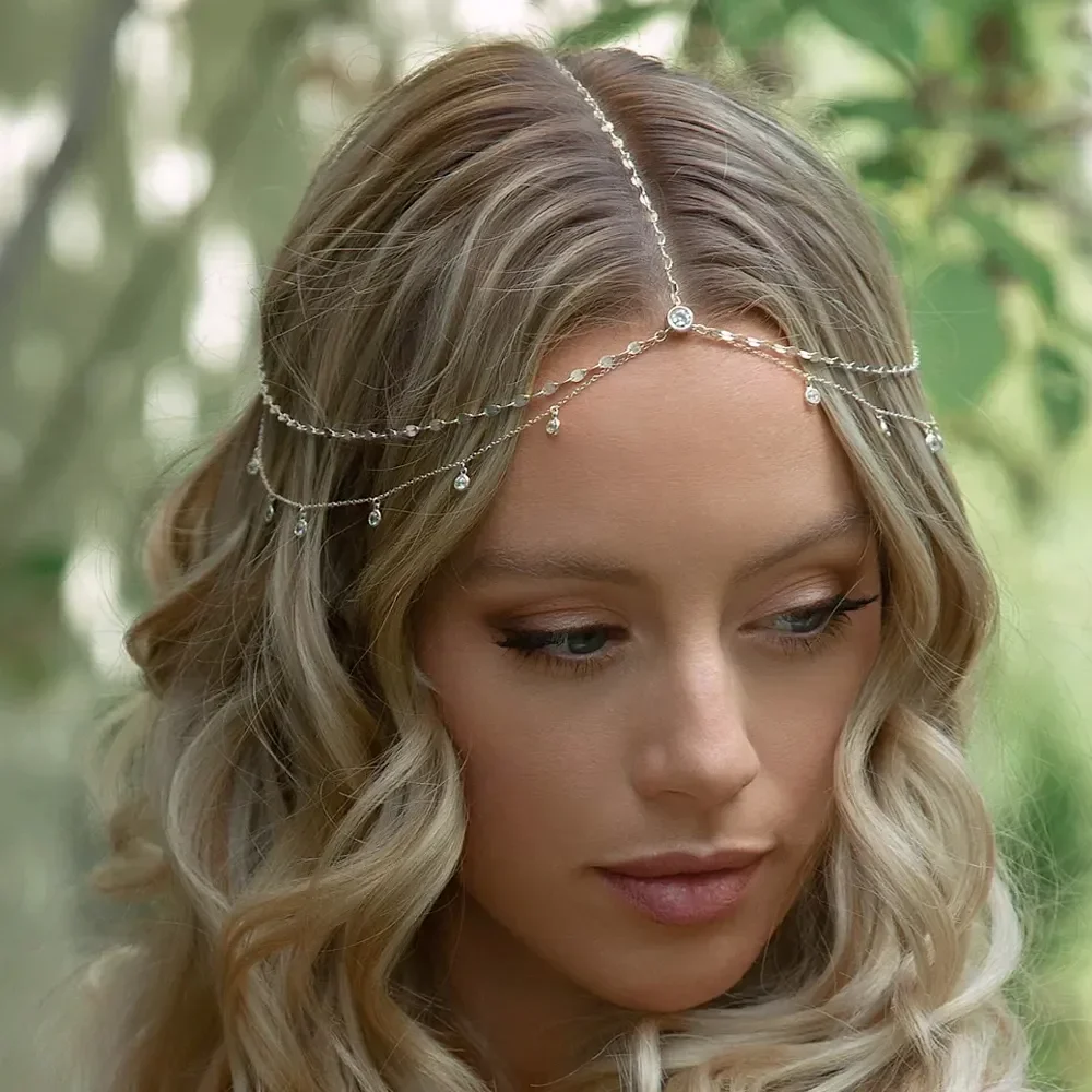 Bridal Forehead Chain XSBODY Fashion Boho Crystal Head Chain Wedding Hair Accessories Elegant Headpiece Bling Bridal Forehead Chain Indian Jewelry