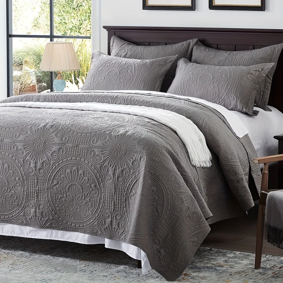 

2/3pcs Bed Quilt Set Spa-Grey Bedspreads - Soft Bed Summer Quilt Lightweight Microfiber Bedspread- Modern Style Coin Pattern Cov