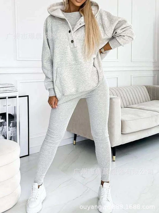 Women 3 Pieces Set 2024 Spring Long Sleeved Pockets Hooded Hoodie and Tank Top Casual Long Pants Set Temperament Commuting notched temperament solid color button pockets simplicity blazers elegant fashion loose casual women s clothing spring summer