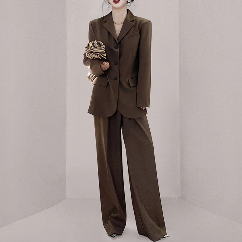 

Fashion Autumn Winter 2 Piece Sets Women Casual Loose Single Breasted Blazers Top Wide Leg Pants Suit Chic Office Lady Outfit