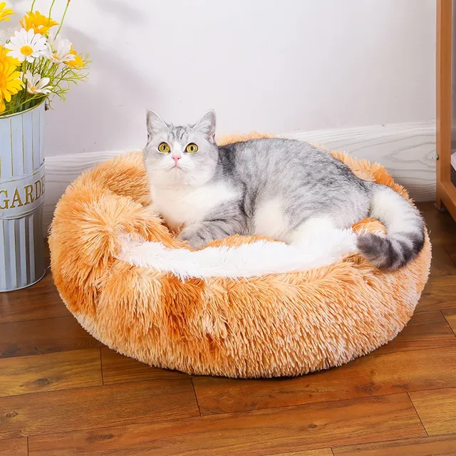 Snooze Cat Bed Round Plush Fluffy Hooded Cozy Cat Bed Cave for Indoor Donut Self Warming Small Dog Bed Anti-anxiety for Winter 3