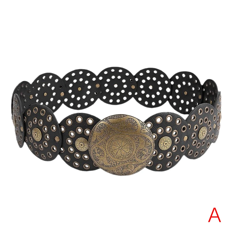 Wide Boho Disc Belt Women Vintage PU Leather Hollow Western  display picture 1