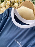 Foamlina Short Sleeve Knitted Skinny Bodysuit Women Summer Fashion Color Block Letters Embroidery O-neck Slim Body Top Jumpsuit - Image 4