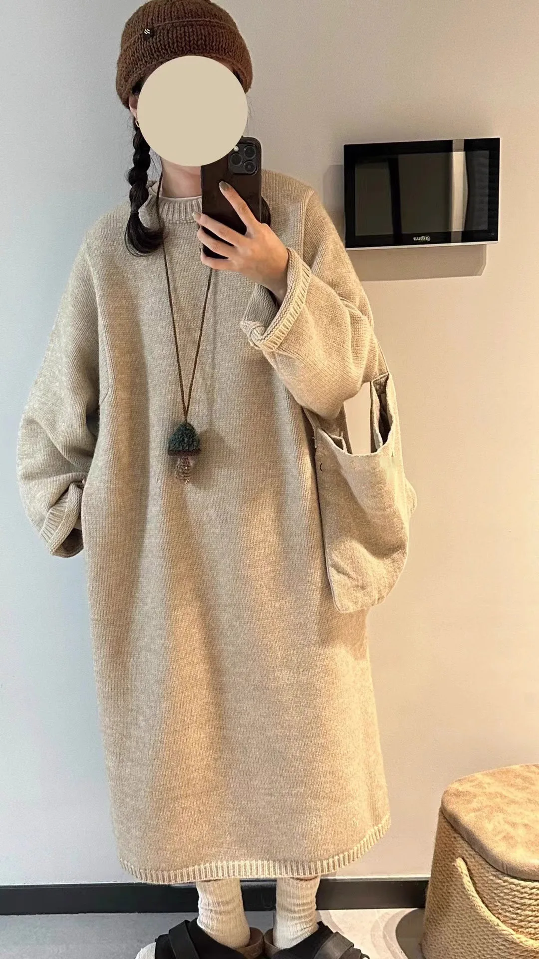 여성의 가을과 겨울 2023 새로운 유휴 스타일 느슨한 플러스 사이즈 긴 치마를 원피스 무릎 위의 니트 스웨터 내복 