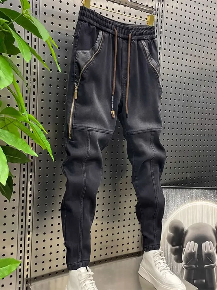 Harajuku Style Skinny Jeans Leather Stitching Multi-zip Pants High Quality Brand Men's Clothing 4