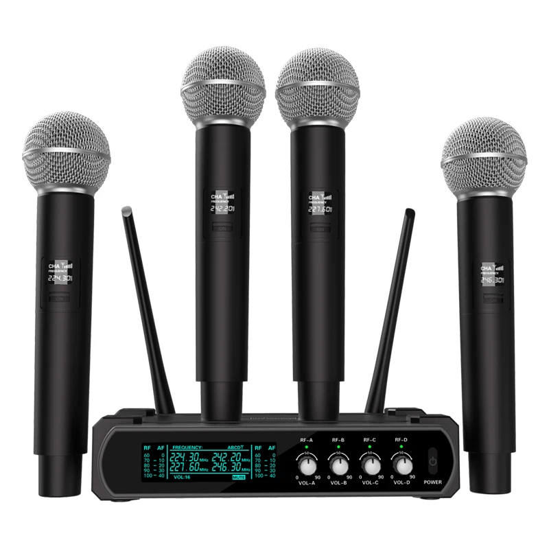 파티 노래방 교회 공연 모임용 무선 마이크 시스템, 4 채널 핸드헬드 라발리에 ..