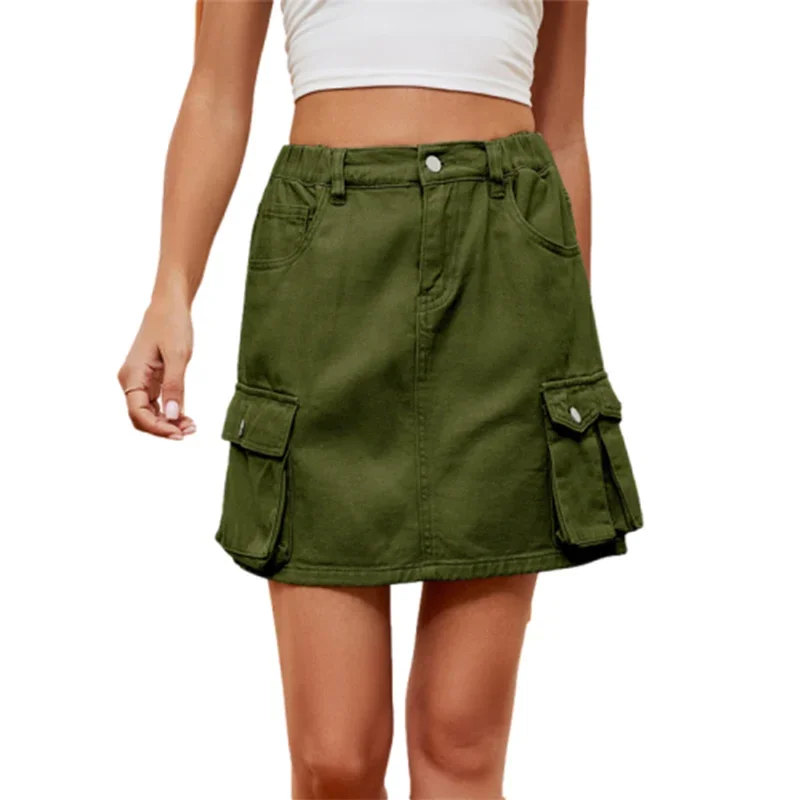 Women Casual Workwear Style Denim Skirt Streetwear Female Summer New Solid Color Washable Multi-Pocket Patchwork Half-body Dress