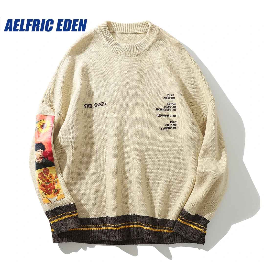 

2023 Mens Japanese Harajuku Retro Sunflowers & Self-portrait of Van Gogh Sweater Sweater Y2K Autumn Loose Hip Hop Streetwear