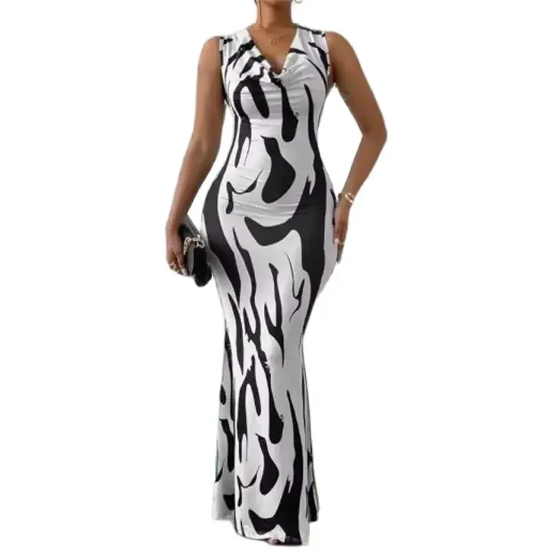 

Women Slim Wrap Hip Dresses Geometry Print Sleeveless V Neck Stretch Dress Female Commuter Daily Casual Party Floor Length Gown