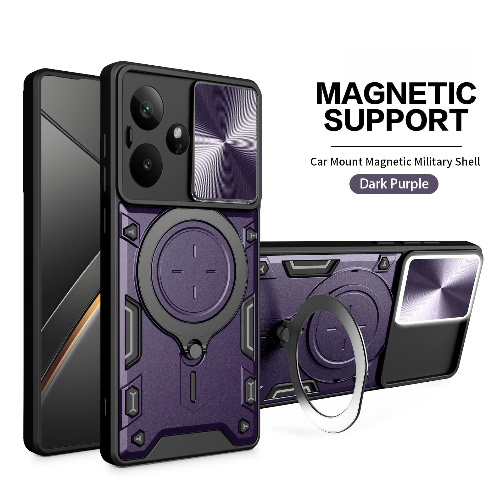 Lens Slide Cover Phone Case with Rotating Bracket and Magnetic Suction