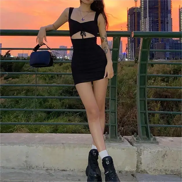 여성용 섹시한 미니 원피스, 민소매 스트랩, 백리스 폴드 바디콘, 블랙 원피스 파티, 우아한 A라인 드레스, 스트리트웨어, 여름