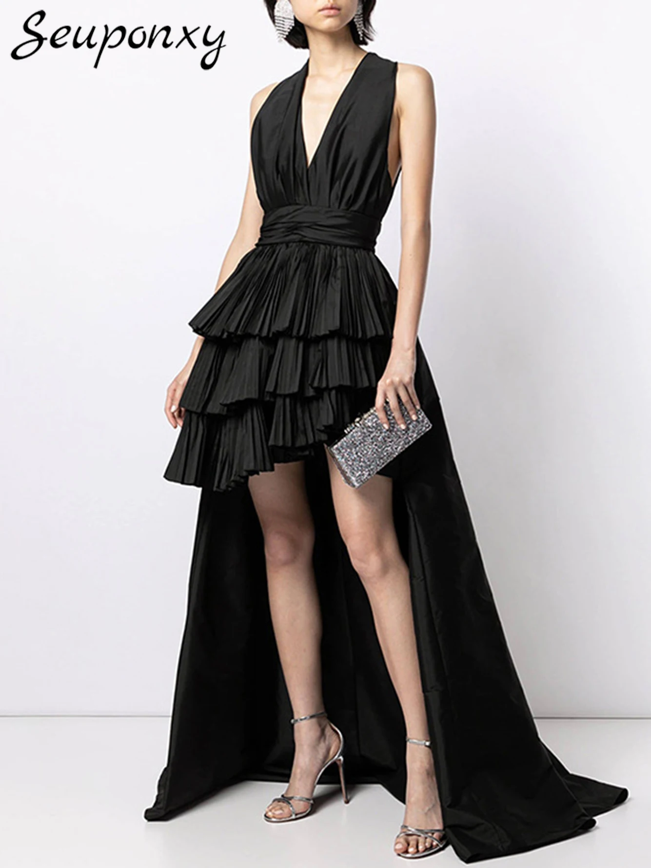 

Женское плиссированное платье макси, черное элегантное вечернее праздничное платье высокого качества с V-образным вырезом, без рукавов и многослойными оборками, 2024