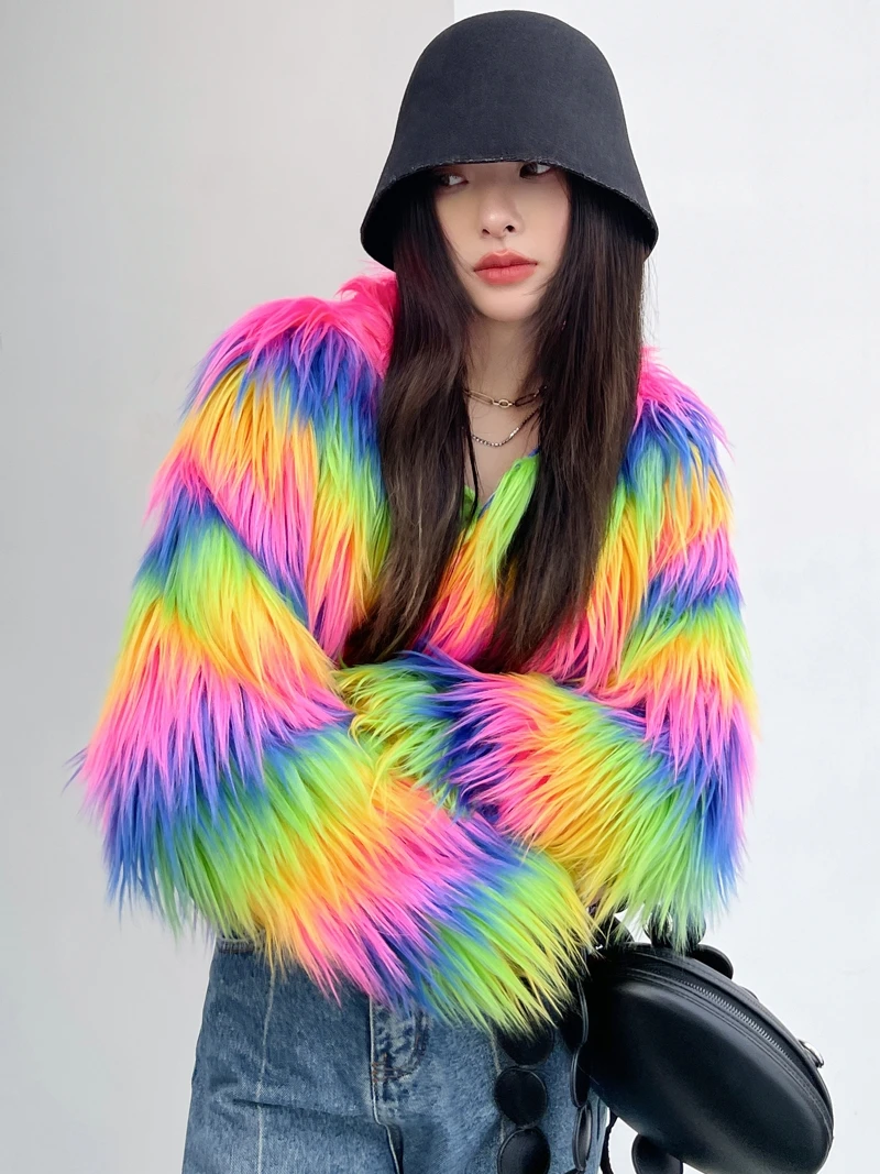 Rainbow Colored Faux Fur Coat Short Jacket Women's Clothing Free Shipping