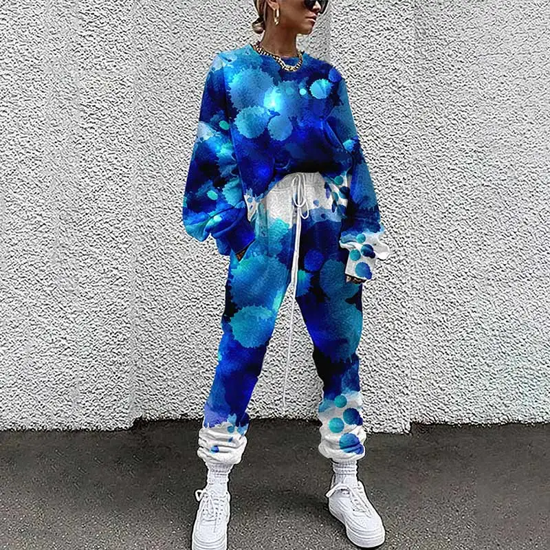 sexy pant suit Women Tie Dye Print Tracksuits Two Piece Set 2022 Spring Female Fashion Casual Long Sleeve Pullovers And High Waist Pants Suits pant suits for older ladies Suits & Blazers