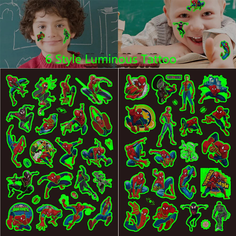 Disney Marvel SpiderMan Glowing Fake Tattoo Stickers Cartoon Temporary