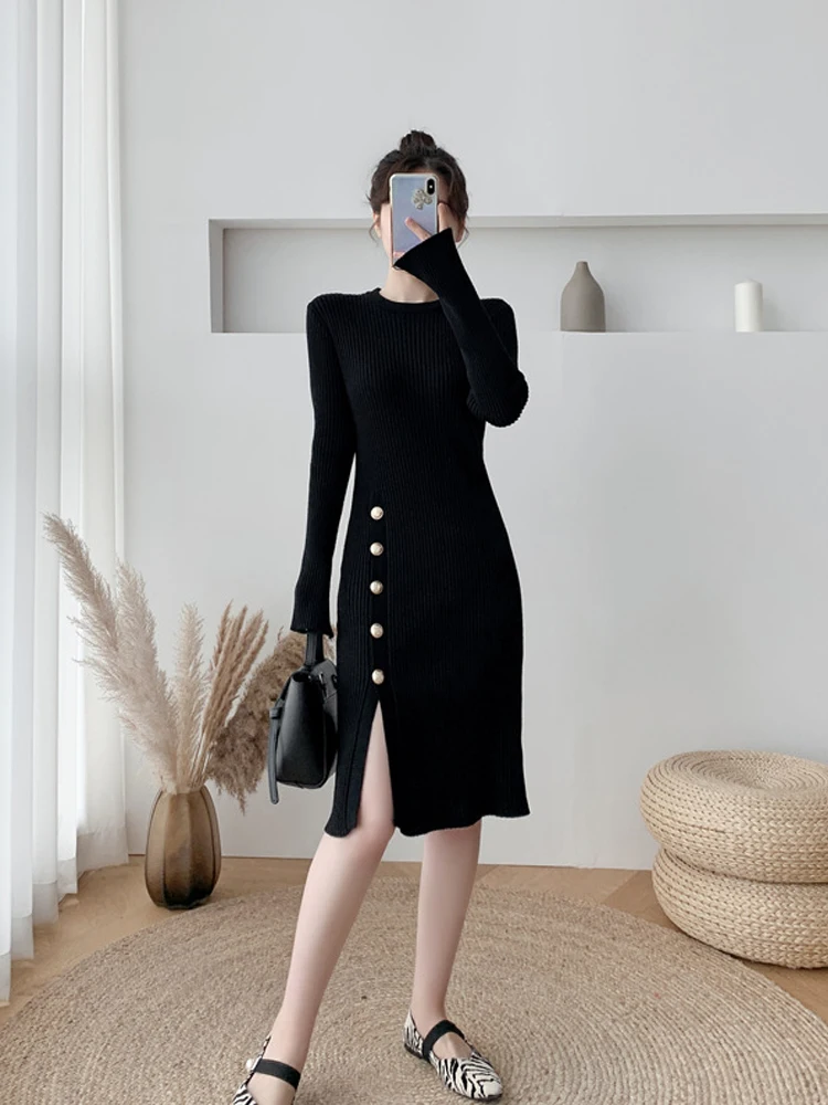 

2024 Women O-Neck High Waisted Split Knitted Dress Autumn Winter Temperament Gentle Design Sense Slim Appear Thin Priming Dress