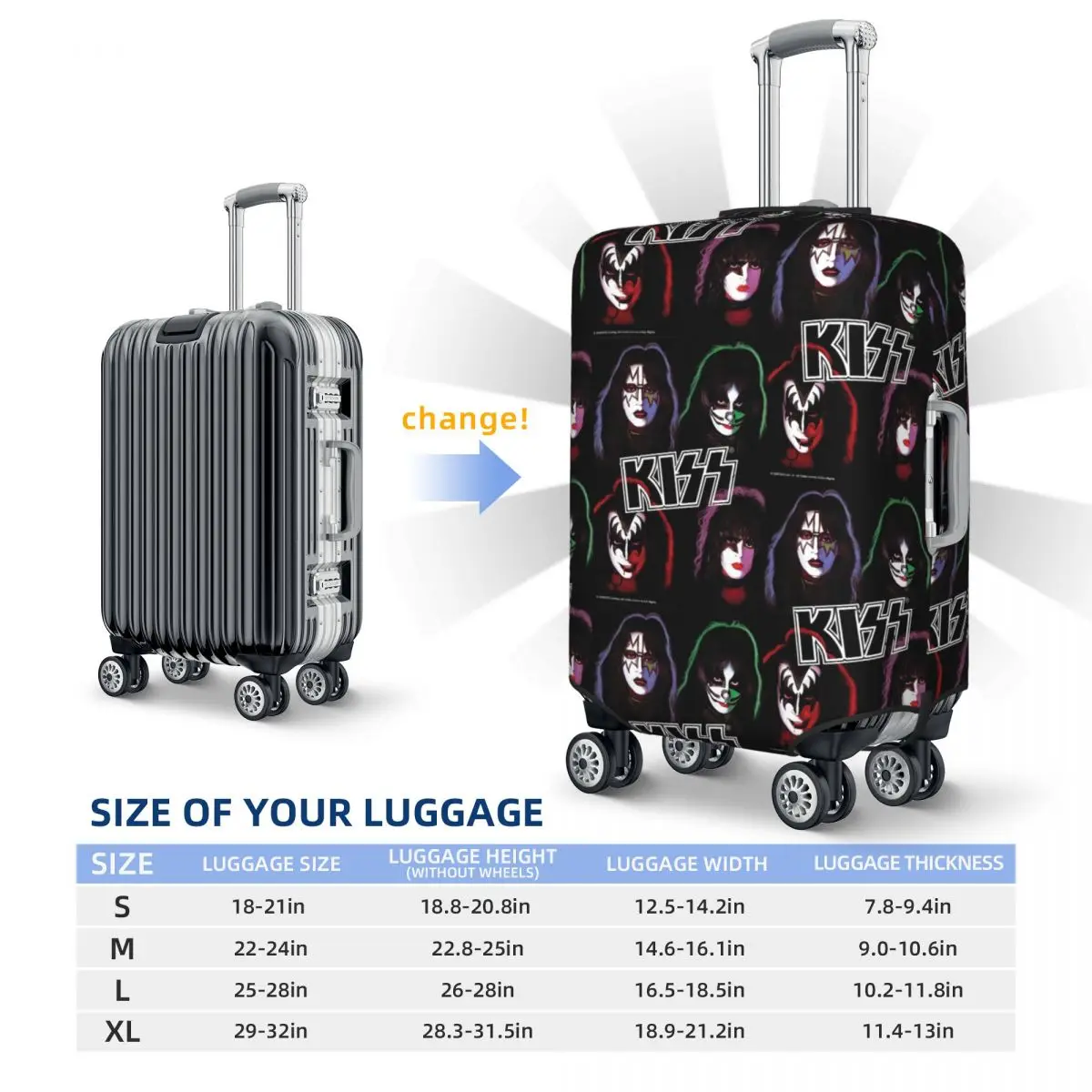 Kiss Band Group Suitcase Cover Rock Band Holiday Business Strectch Luggage Case Protector