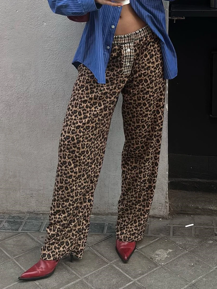 

Women'S Long Pants With Elastic Waistband Dark Brown Leopard Print Houndstooth Print Single Breasted Casual Straight Leg Pants