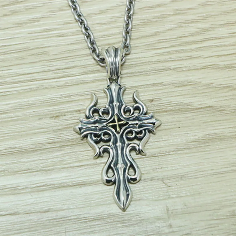 

Wholesale Europe and America S925 sterling silver cross necklace male punk trendsetter pendant flame cross sweater chain pendant