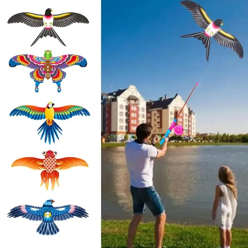 Mini Fishing Rod Kite for Kids Vivid Butterfly Swallow Parrot Easy to Fly Goldfish Kites for Toddler Outdoor Beach Park Beginner