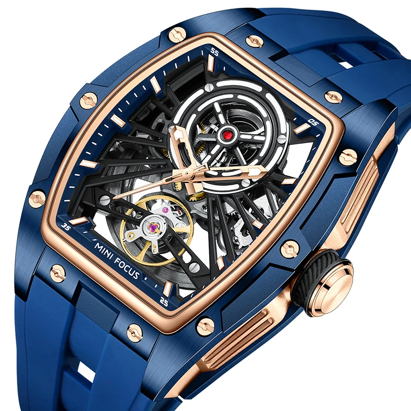 MINI FOCUS MF0603G Men Sports Automatic Watch Skeleton Barrel Mechanical Movement Silicone Strap Luminous Waterproof Watches