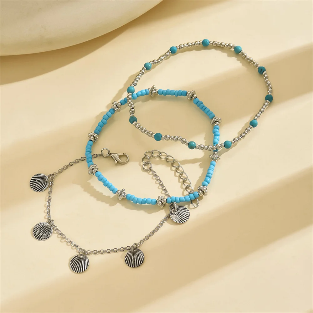 Blue Beads Foot Chain Alloy Shell Pendant Anklets Sets For Women Gold Silver Color Ankle Bracelet Beach Jewelry Summer Accessory