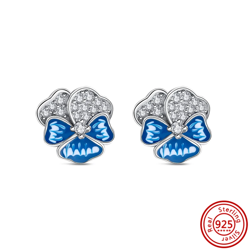 Real 925 Silver Blue Pansy Flower Stud Earrings Curved Feathers Clear Circle Shaped Zircon Stud Earrings Fine Jewelry For Women