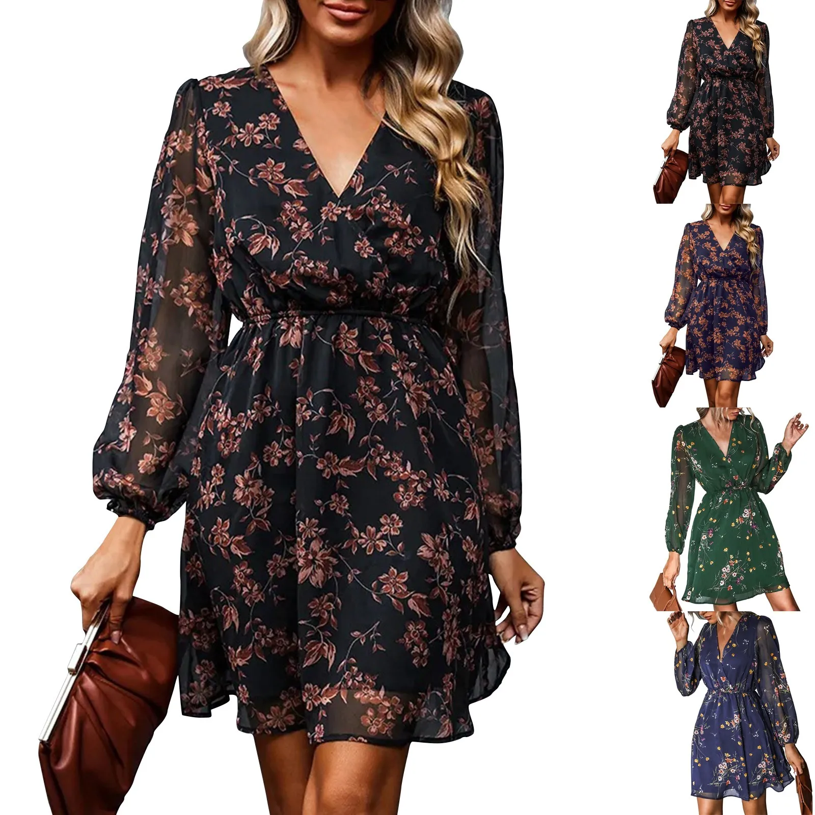 

Floral Print Chiffon Mini Dress For Women Sexy V-Neck Long Sleeve Ruffled Party Dress 2023 Spring Autumn Female Dress Vestidos