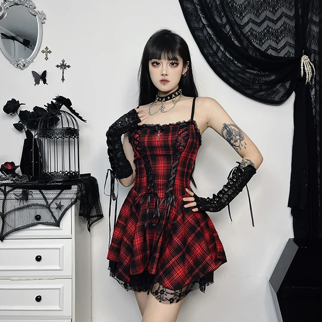 InsGoth Gothic Plaid Dress Women Mall Goth Grunge Punk Black Emo Party Lace  Up Backless Mini DressFolds Lace Trim A-Line Dress - AliExpress