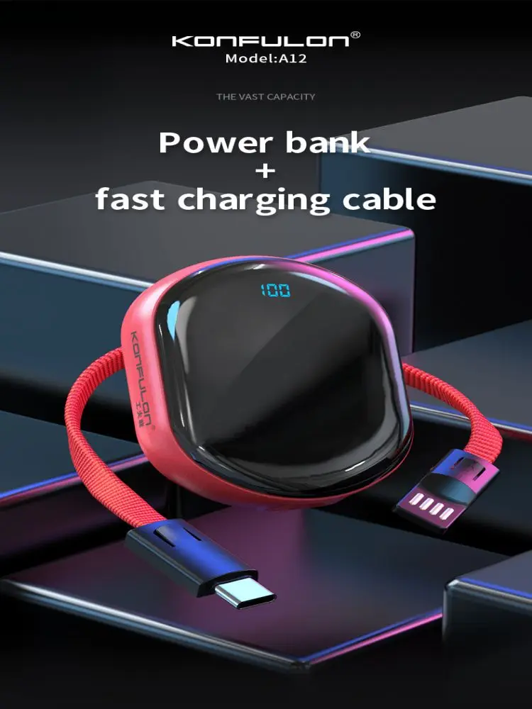 

KONFULON Portable Small Size Power Bank 10000mAh Build in Type C Cable Battery Digital Power Display Powerbank For Xiaomi Iphone