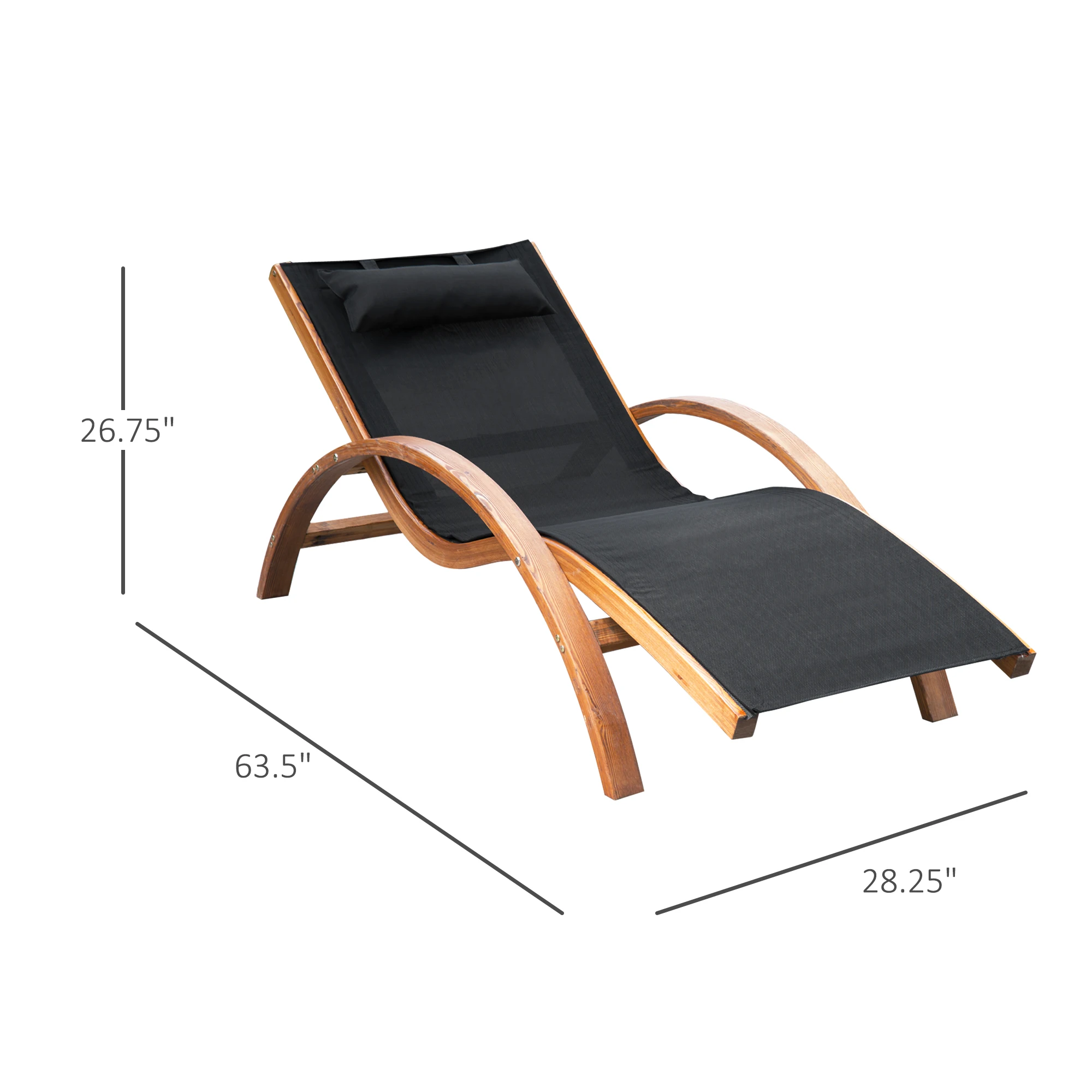 Patio Mesh Wood Recliner Chaise Lounge Chair Lounger W/ Cushion - Black 3