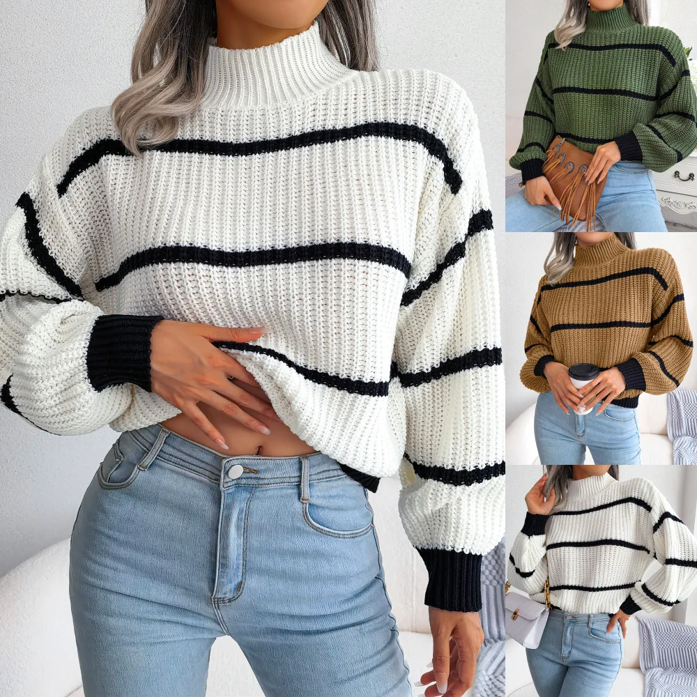 Semi Turtleneck Striped Print Lantern Sleeve Sweater 1