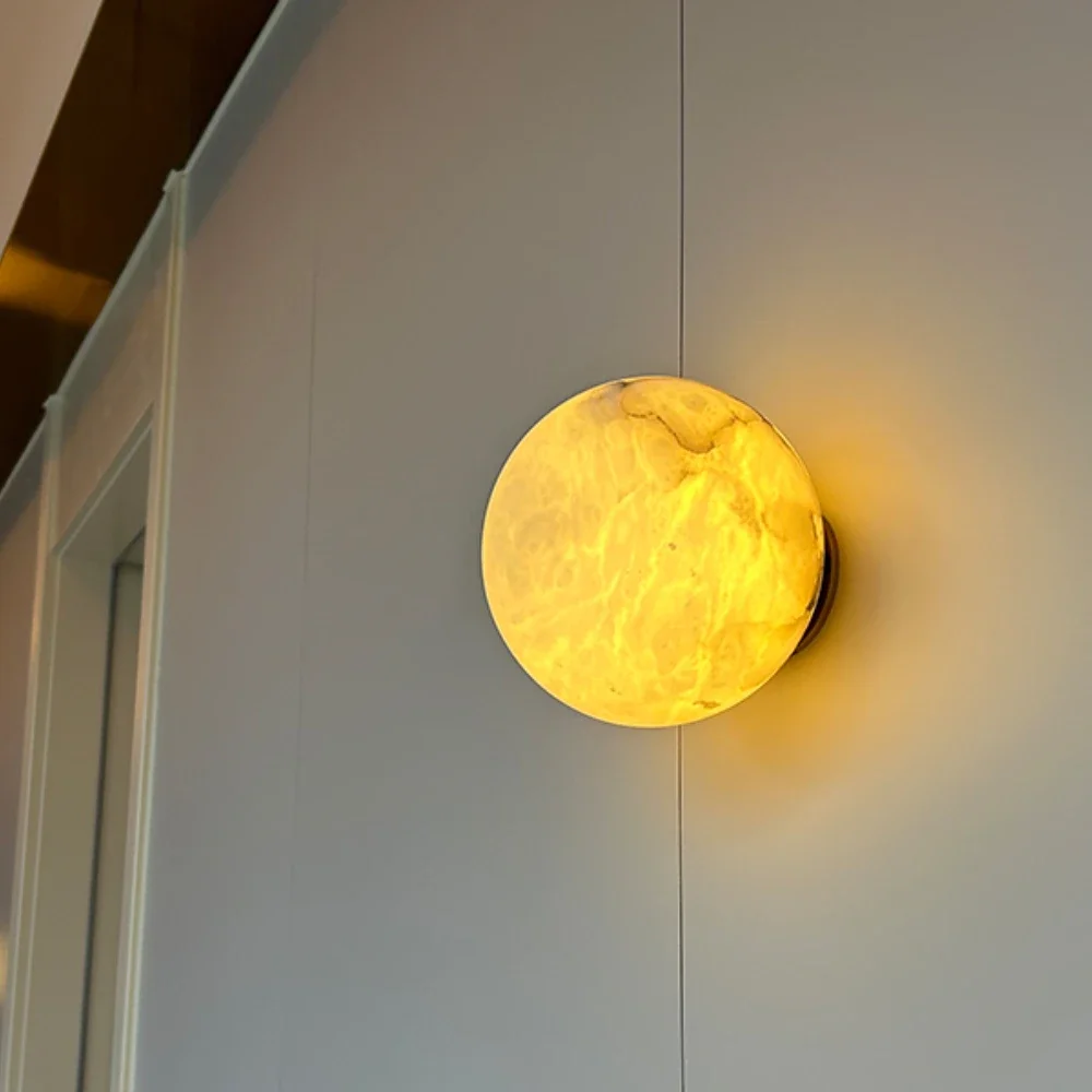 Spanish Marble Wall Light Background Luxury Round Ball Bedroom Bedside LED Pure Copper Wall Lamp Indoor Decor Alabaster Lighting