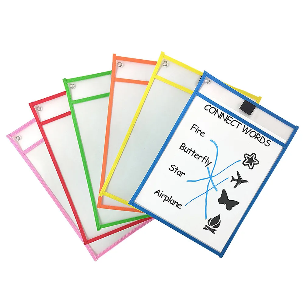 6Pcs 자동차 바느질용 드라이 이레이즈 포켓 재사용 가능한 PVC 투명 양면 파일 슬리브 학교 사무실용 마커 홀더 방수