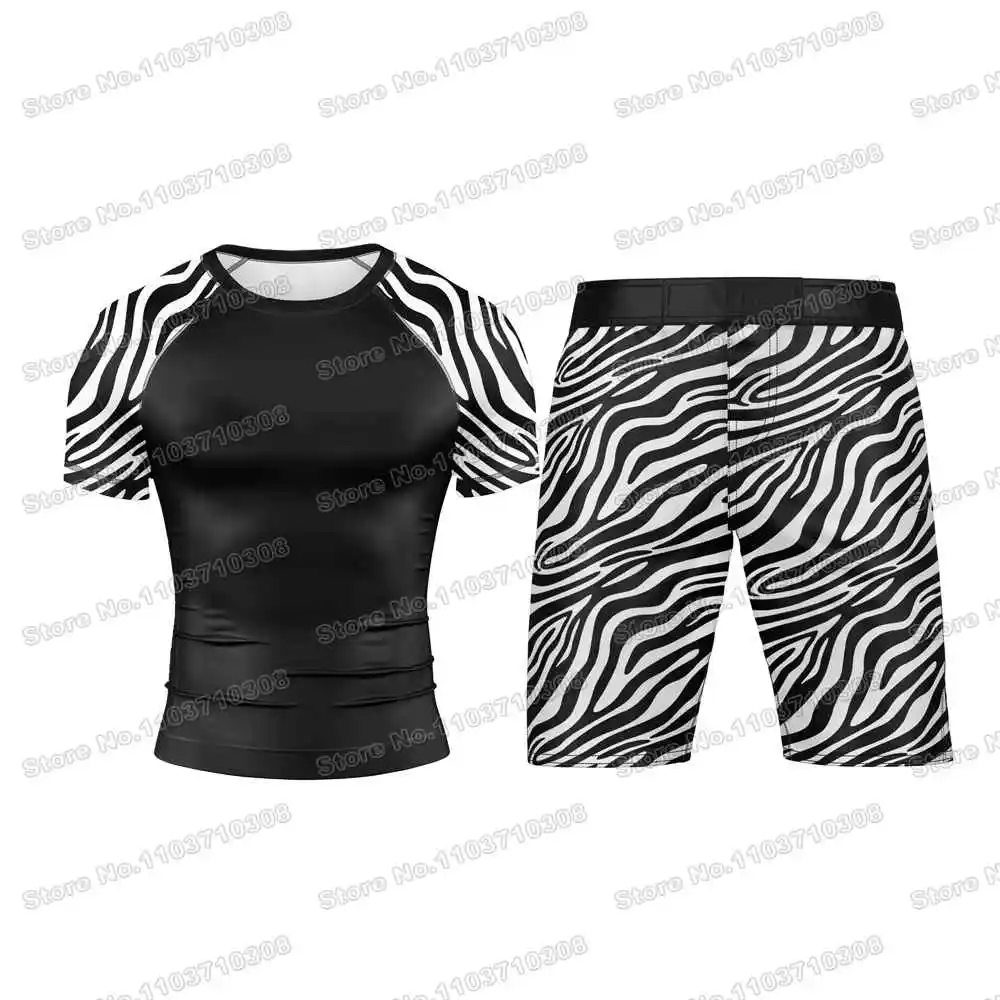 WWF Wrestling ZEBRA Rash Guards Surfing Jersey Beach Shirts Swimwear Diving Gym Shorts MMA BJJ Men Jiu Jitsu Fitness Sets