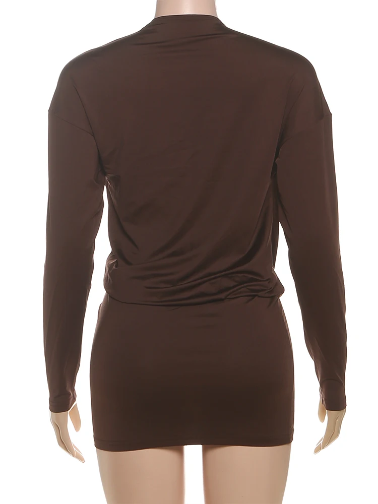 Nibber Cross Deep V-Neck Dress Women Full Sleeve Stretch Solid Midnight Street Clubwear Party Autumn Trend Elegant Mini Bodycon