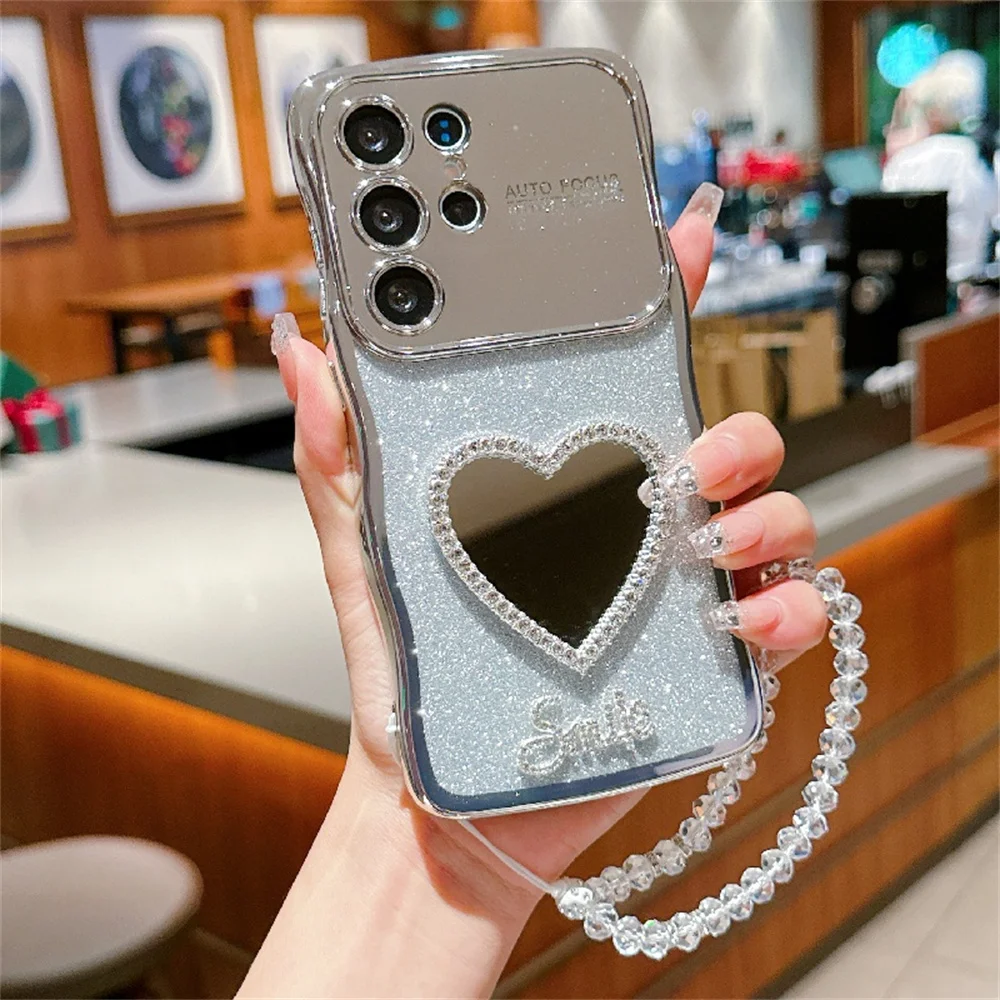 Love Heart Makeup Mirror Shiny Case with Crystal Wrist Chain Cover