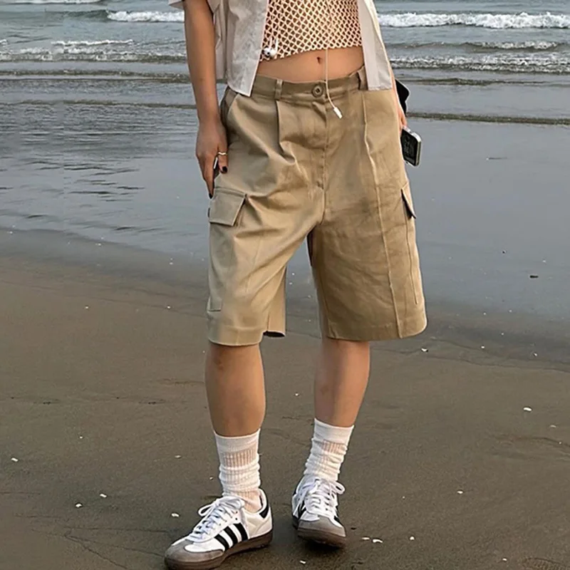 

Y2K Summer Women Vintage Streetwear Korean Knee Length Wide Leg Baggy Cargo Pockets High Waist Sporty Grunge Shorts Pants Women