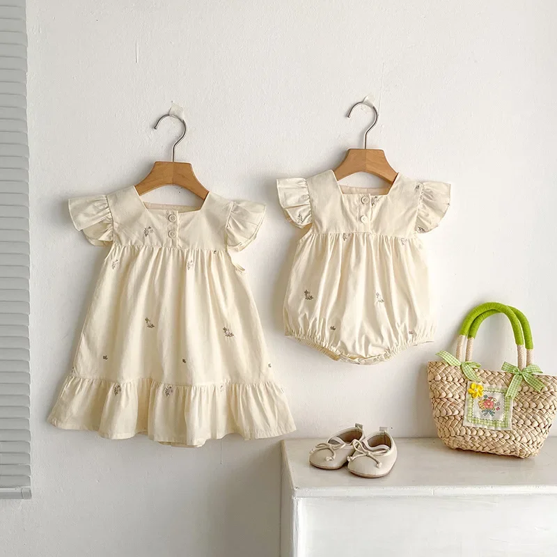 Sister Outfits Summer Girl's Princess Dress Childrens Embroidered Floral Dresses Cute Baby Flying Sleeve Bodysuit Kid's Clothing 3