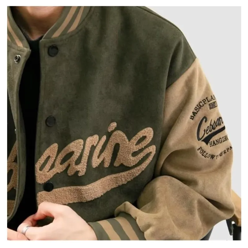 Men's 2023 Spring and Autumn New Suede Vintage Long Sleeve Jacket Hip Hop Trend Mock Neck Baseball Jersey Men's Loose Coat A0048