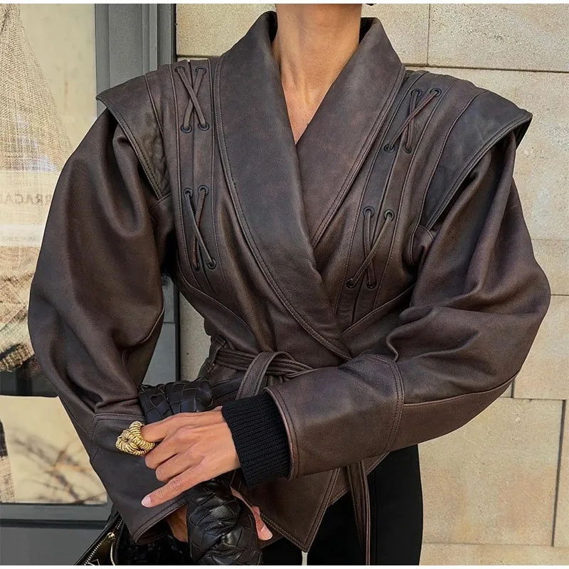 Suninheart Autumn and Winter Faux Leather Jackets for Women 2024 Chic Dropped Shoulder PU Jacket Coat Casual Office Lady Blouse 2