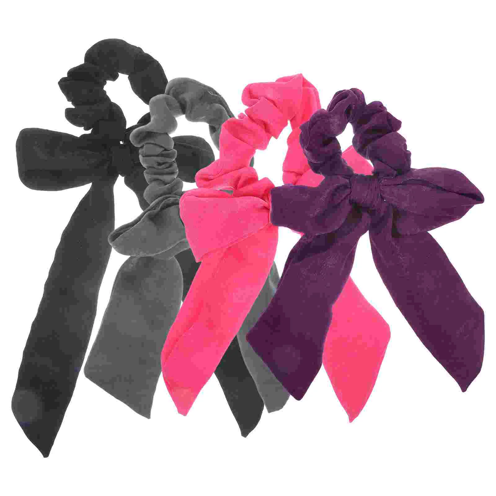 

4 Pcs Hair Ribbons Bowknot Tie Detachable Cloth Silk Elastic Band Ponytail Holder Girl Satin